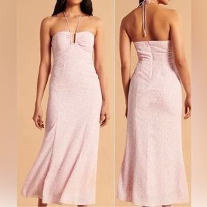 Abercrombie Fitch Pink Floral Cinched Bust U-Shape Flowy Halter Neck Maxi Dress